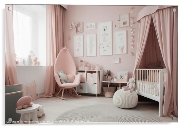 A babys room in pastel pink created with generative AI technolog Acrylic by Michael Piepgras