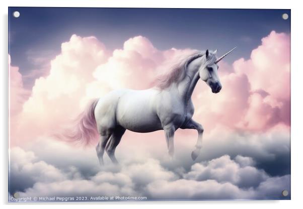 A beautiful unicorn surrounded by soft clouds created with gener Acrylic by Michael Piepgras