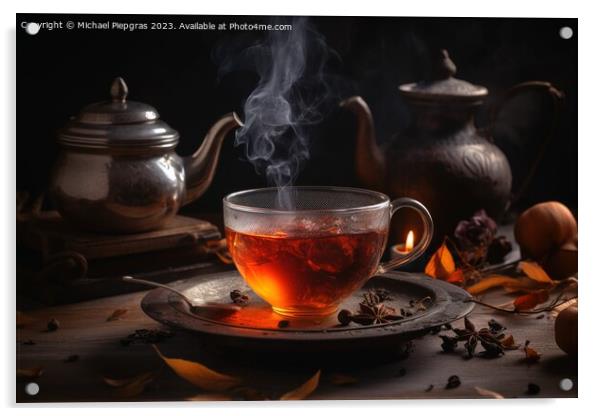 A cosy tea scenario concept with steaming tea in a cup and tea l Acrylic by Michael Piepgras