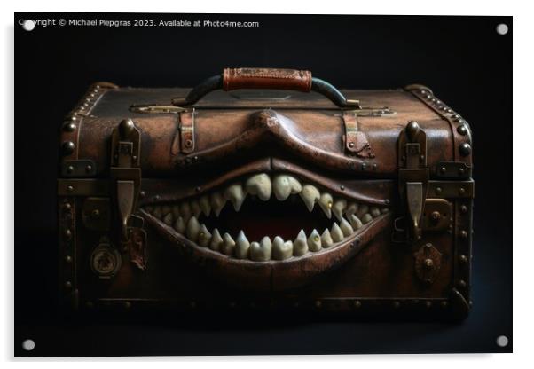 A evil old open suitcase with eyes and sharp teeth created with  Acrylic by Michael Piepgras