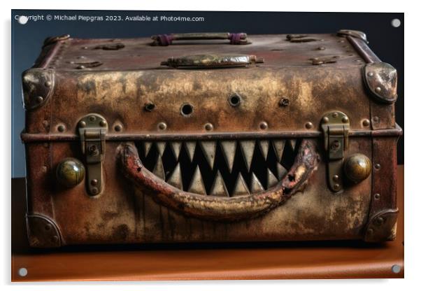 A evil old open suitcase with eyes and sharp teeth created with  Acrylic by Michael Piepgras