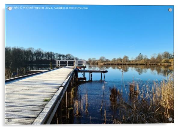 Beautiful landscape on a jetty by a lake with blue sky. Acrylic by Michael Piepgras