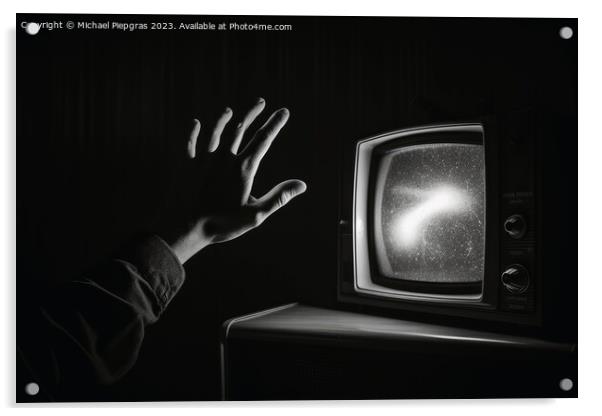 A hand reaching out at an old television created with generative Acrylic by Michael Piepgras