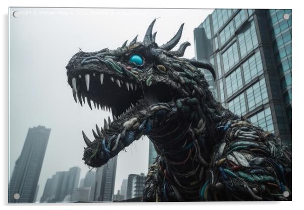 A huge monster made of plastic waste attacking a modern city cre Acrylic by Michael Piepgras