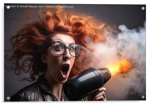 A woman with a very wild hairstyle looks amazed at an exploded h Acrylic by Michael Piepgras