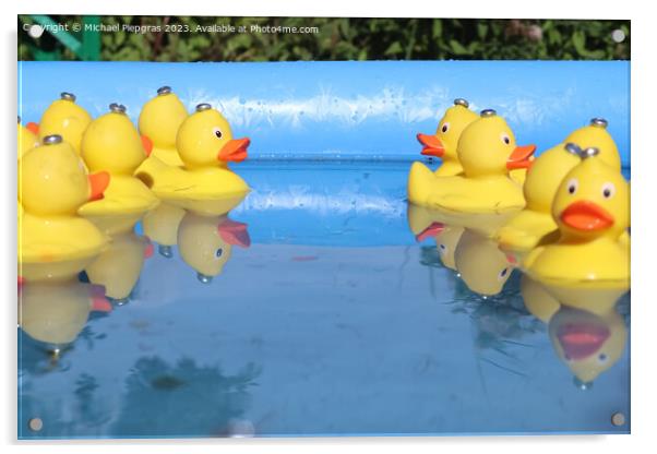 Selective focus. Many yellow rubber ducks swimming in circles in Acrylic by Michael Piepgras