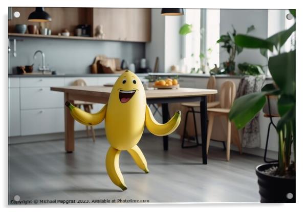 A smiling banana with arm and legs running on a kitchen table cr Acrylic by Michael Piepgras