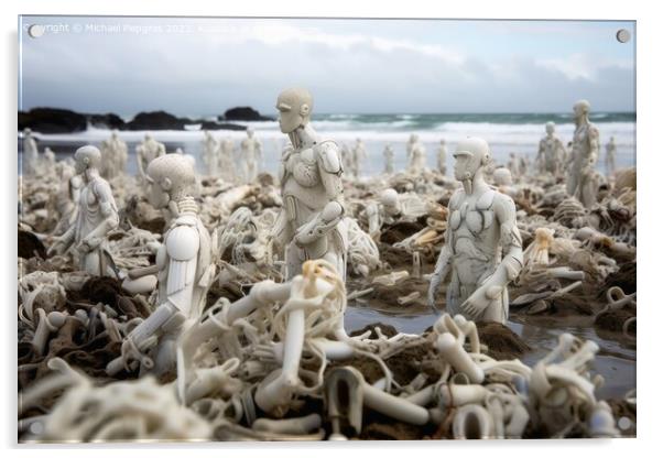 A swarm of evil plastic waste figures conquers the beach from th Acrylic by Michael Piepgras