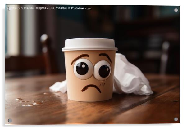 A tired coffee cup with eyes on a kitchen table created with gen Acrylic by Michael Piepgras