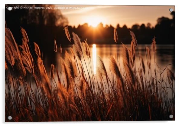 Beautiful reed grass by a lake at sunset created with generative Acrylic by Michael Piepgras