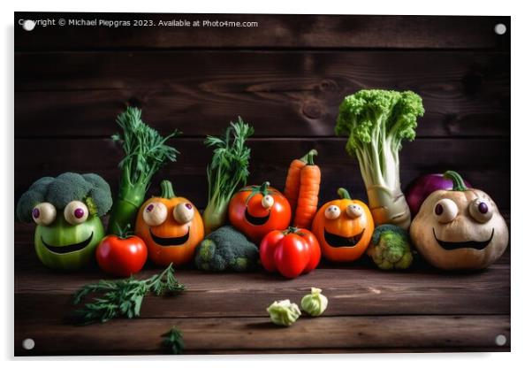 Different happy vegetables with eyes on a wooden background crea Acrylic by Michael Piepgras