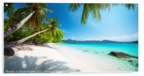 Panoramic tropical beach with palm trees created with generative Acrylic by Michael Piepgras