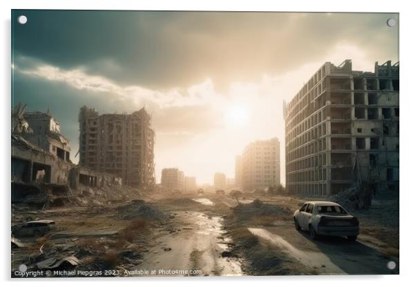 Post apocalyptic and destroyed buildings in a big city created w Acrylic by Michael Piepgras