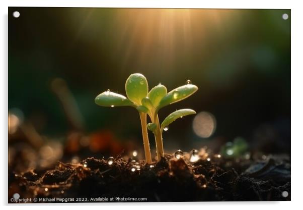 Seedling in dark soil with a drop of water in the sunlight creat Acrylic by Michael Piepgras