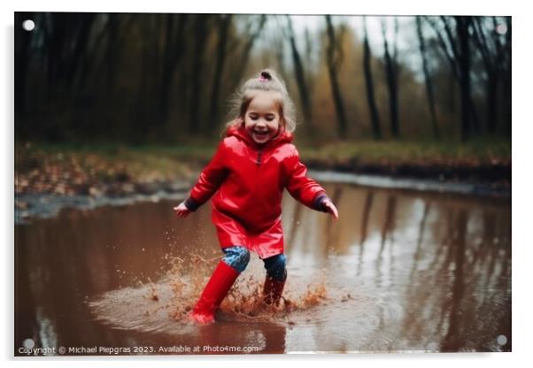 Happy little girl jumps in a puddle with rubber boots created wi Acrylic by Michael Piepgras