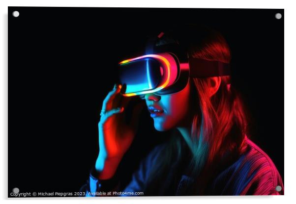 Woman exploring virtual reality in a close up neon colors create Acrylic by Michael Piepgras