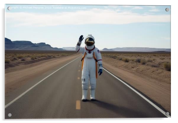 A hitchhiking astronaut on a lonely road created with generative Acrylic by Michael Piepgras