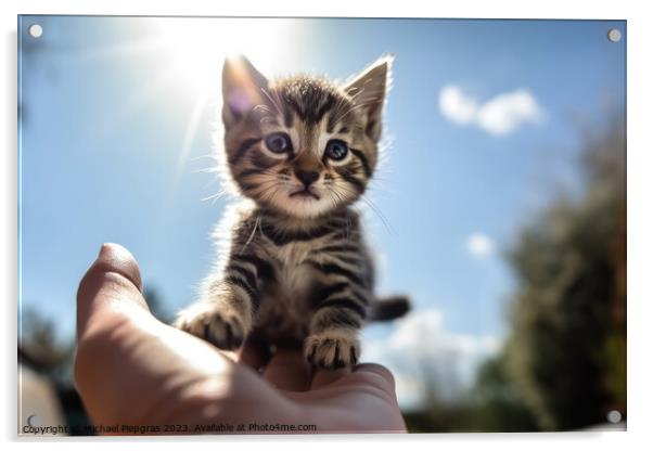 A human hand holds a small kitten in the air sunlight from the f Acrylic by Michael Piepgras