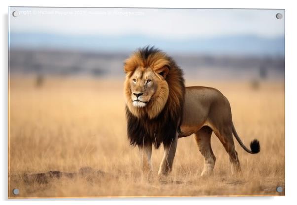 A male lion in the savannah king of animals created with generat Acrylic by Michael Piepgras