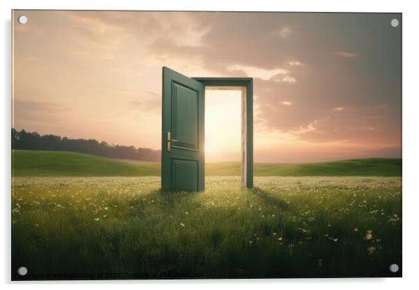 An open door stands in a green landscape created with generative Acrylic by Michael Piepgras