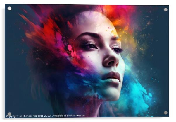 Portrait of a beautiful woman with colorful splashes created wit Acrylic by Michael Piepgras