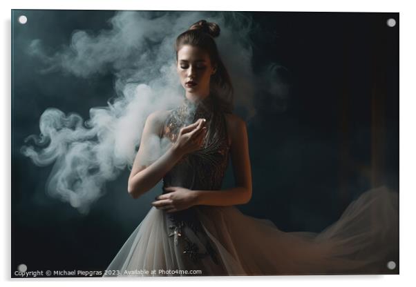 Gorgeous woman with an elegant dress and some smoke created with Acrylic by Michael Piepgras