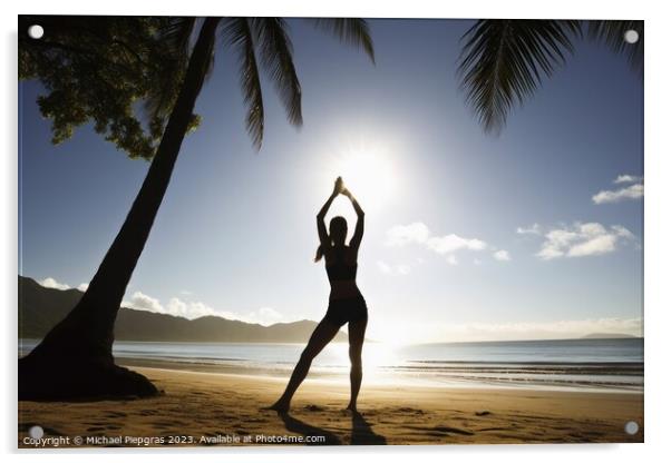 A young woman does yoga in the sun at a tropical beach created w Acrylic by Michael Piepgras