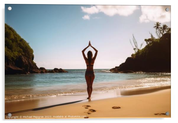 A young woman does yoga in the sun at a tropical beach created w Acrylic by Michael Piepgras