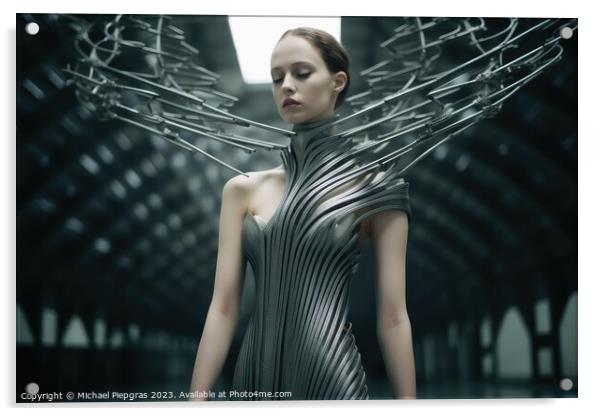 A woman wearing an elegant dress made of steel created with gene Acrylic by Michael Piepgras