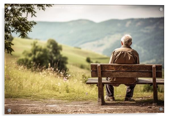 A lonely retired man on a bench created with generative AI techn Acrylic by Michael Piepgras