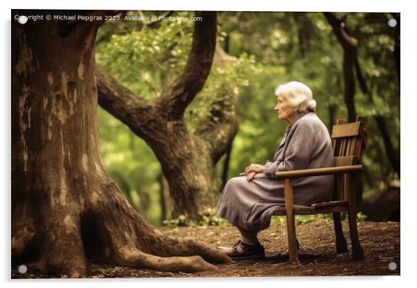 A lonely retired woman on a bench created with generative AI tec Acrylic by Michael Piepgras