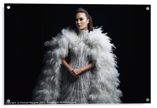 A woman wearing an elegant dress made of feathers created with g Acrylic by Michael Piepgras