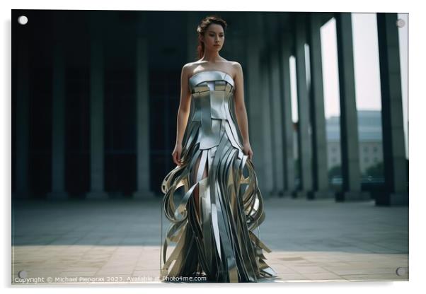 A woman wearing an elegant dress made of steel created with gene Acrylic by Michael Piepgras