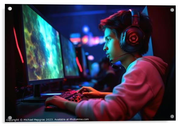 A young person sits at a gaming PC and plays a game created with Acrylic by Michael Piepgras