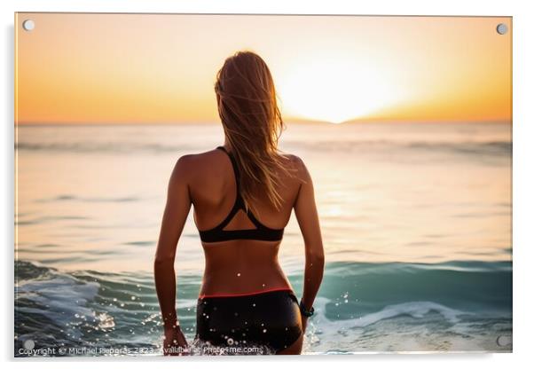 An attractive Woman at a beach during sunset created with genera Acrylic by Michael Piepgras