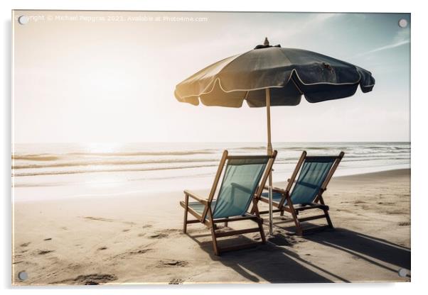 Two beach chairs with a parasol directly on the beach created wi Acrylic by Michael Piepgras