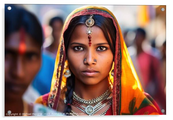 An indian woman portrait created with generative AI technology. Acrylic by Michael Piepgras