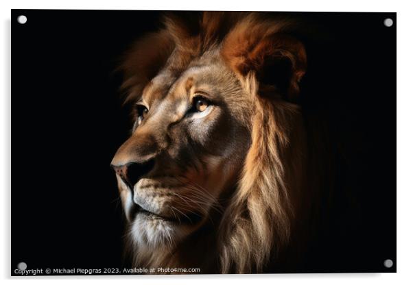 A closeup of a male Lion on a black background created with gene Acrylic by Michael Piepgras
