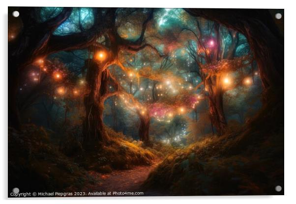 A fantasy forest with glowing lights and sparkling trees created Acrylic by Michael Piepgras