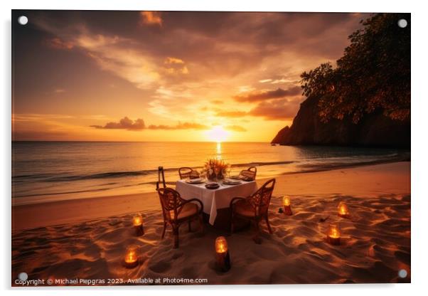 A romantic picnic on a tropical beach at sunset created with gen Acrylic by Michael Piepgras