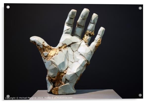 A sculpture of a broken human hand created with generative AI te Acrylic by Michael Piepgras