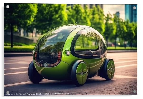 Futuristic electric car in a green city created with generative  Acrylic by Michael Piepgras