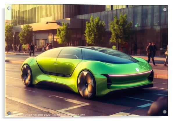 Futuristic electric car in a green city created with generative  Acrylic by Michael Piepgras