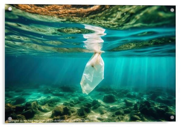 Single plastic waste bag under water in the ocean created with g Acrylic by Michael Piepgras