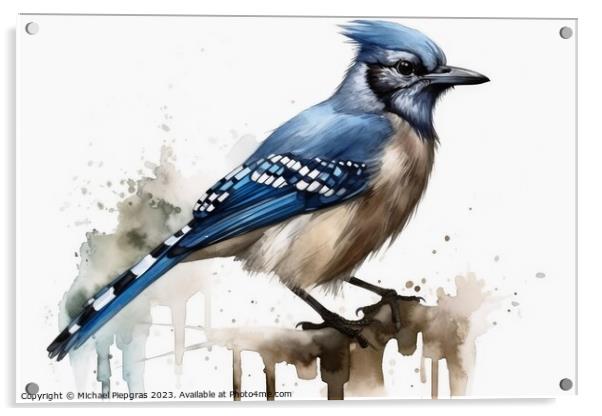 Watercolor painted jay bird on a white background. Acrylic by Michael Piepgras