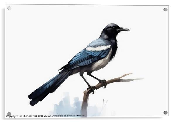 Watercolor painted magpie on a white background. Acrylic by Michael Piepgras