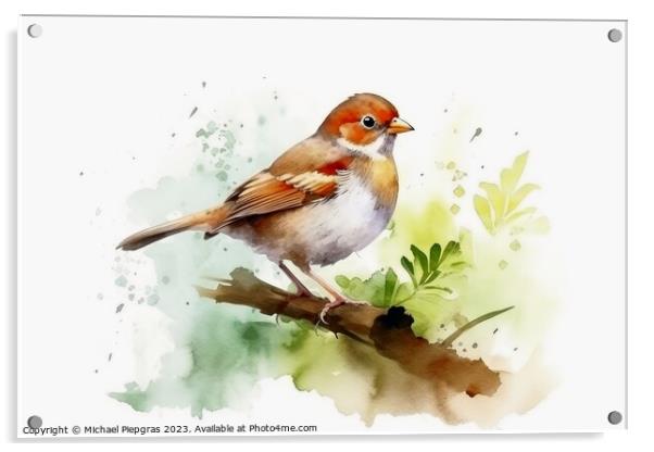 Watercolor painted field sparrow on a white background. Acrylic by Michael Piepgras