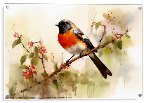 Watercolor painted garden redstart on a white background. Acrylic by Michael Piepgras