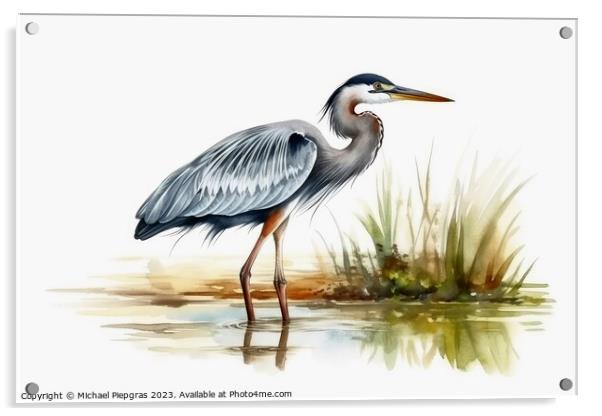 Watercolor painted grey heron on a white background. Acrylic by Michael Piepgras