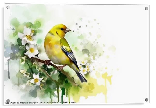 Watercolor painted greenfinch on a white background. Acrylic by Michael Piepgras